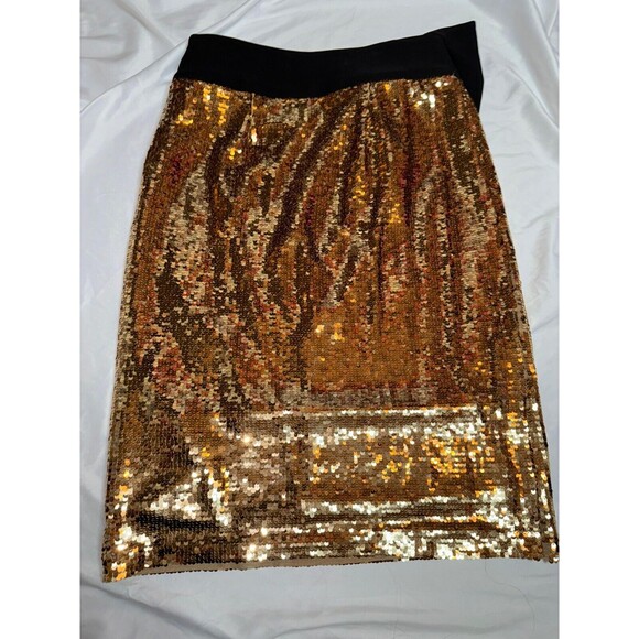 Issac Mizrahi Pencil Skirt Size SP Gold Black Sequin Front Bow Disco Glamour Hot - Picture 6 of 7